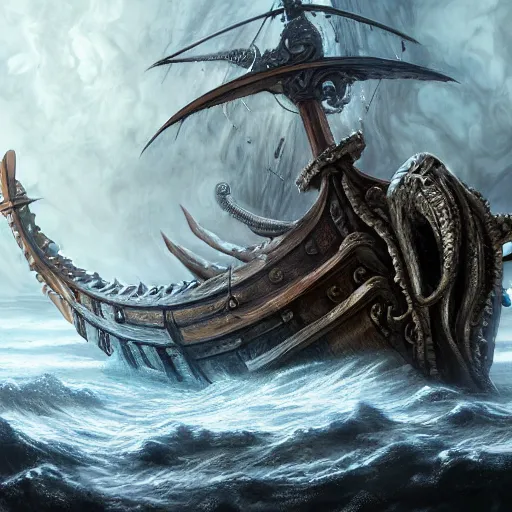 Image similar to kraken breaking epic viking ship, kraken, wrecked ship, centered in picture, epic fantasy, detailed, intricate, digital painting, concept art, realistic, smooth, focus, rim light