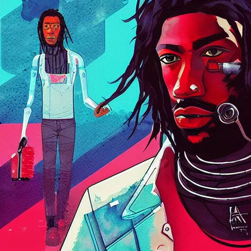 Image similar to portrait of kawhi leonard as half terminator with a robot eye in a scenic environment by conrad roset, watercolors, cybernetically enhanced, hyperdetailed, cyberpunk, cool, trending on artstation