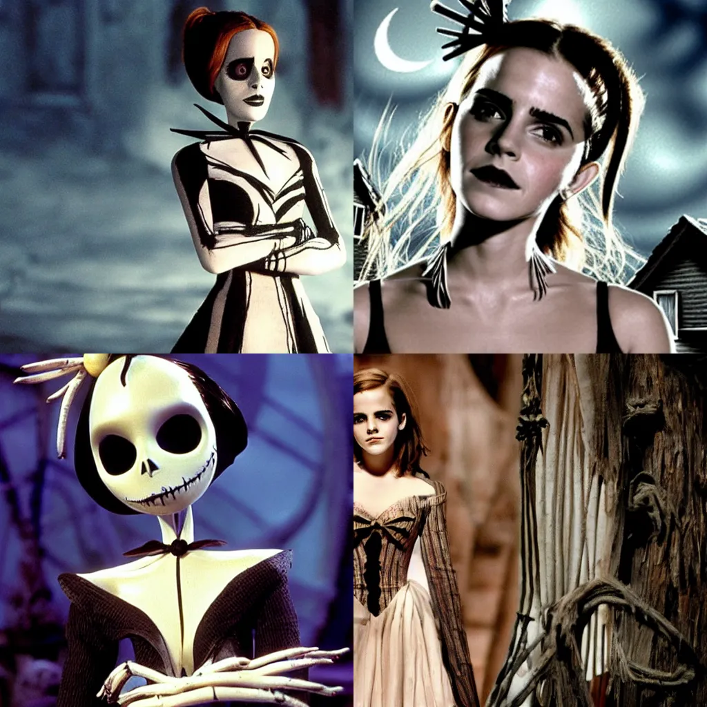 Prompt: Emma Watson in the nightmare before Christmas, smooth, by Tim Burton