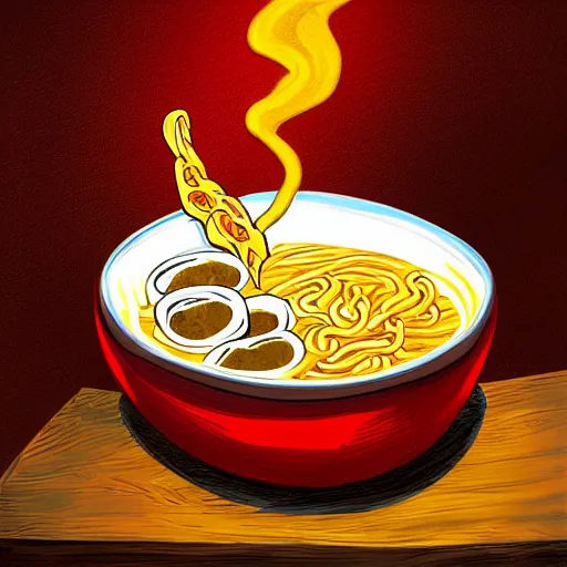 Image similar to western dragon slurping from a bowl of ramen in restaurant, traditional restaurant, wooden, candlelit, digital art