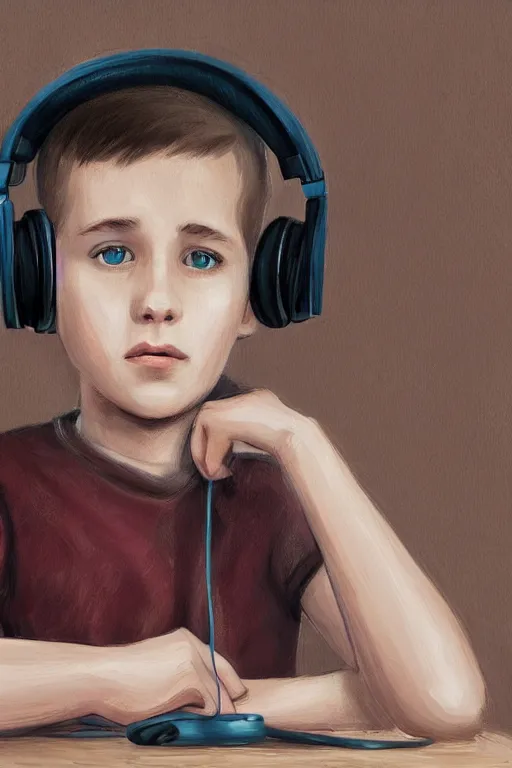 Image similar to a boy with headphones sitting on a table in a cafe, digital art, digital painting, masterpiece, concept art, trending on deviantart, highly detailed, high quality, anatomically correct, five fingers, cinematic, high coherence, soft lighting, soft colors, beautiful, elegant, short black hair, 4 k, symmetrical, realistic and detailed face, cartoon