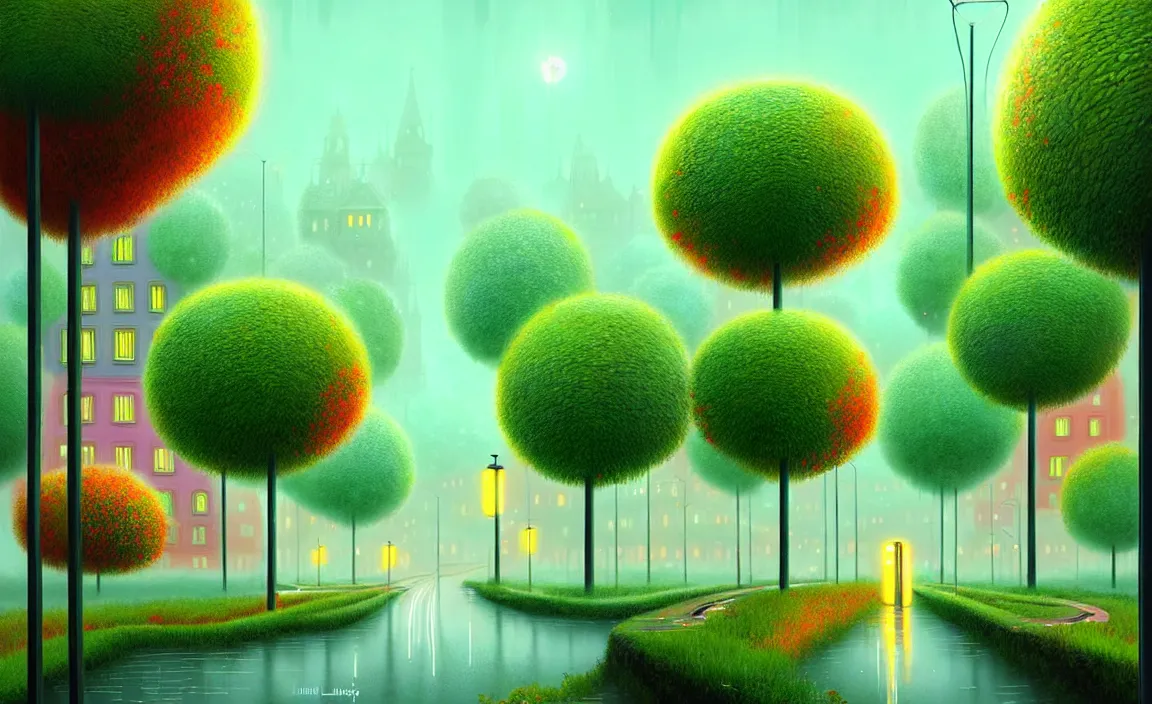 Image similar to Beautiful city of the future, overgrown with trees and plants. Raining at night with light pole illuminate the patch, Nice colour scheme, warm colour. Beautiful artistic digital artwork by artist Lurid. (2022), Gediminas Pranckevicius