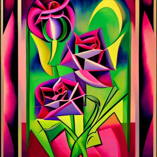 Image similar to an art deco painting of a rose, by joseph stella, synthwave, behance contest winner, crystal cubism, digital illustration