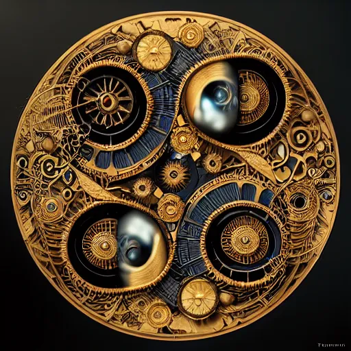 Image similar to a beautiful intricate fine art portrait photo of a mechanical industrial steampunk cybernetic yin yang symbol, overgrown with morning glory flowers, Montserrat leaves by tom bagshaw and zach sutton, golden ratio composition, studio lighting, 50mm lens, very detailed, bionic, cybernetic scifi, deep depth of field, artstation, 8K, highly coherent