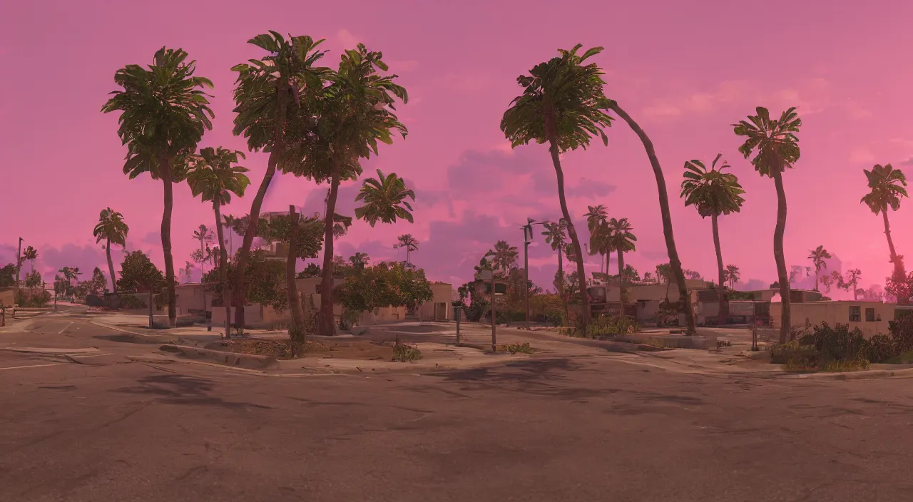 Prompt: gta san andreas evening, pink sky, photorealistic, hyper detailed, hyper realistic, houdini, vfx, unreal engine 5, octane render, 8 k