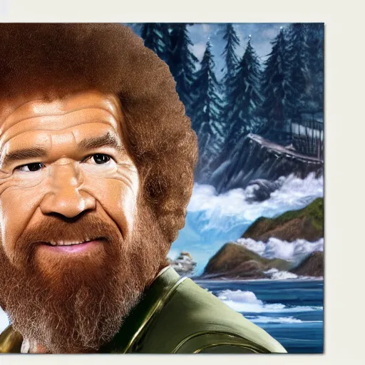 Image similar to a closeup photorealistic photograph of bob ross working on a canvas painting of aquaman. film still. brightly lit scene. mountains and trees. this 4 k hd image is trending on artstation, featured on behance, well - rendered, extra crisp, features intricate detail, epic composition and the style of unreal engine.