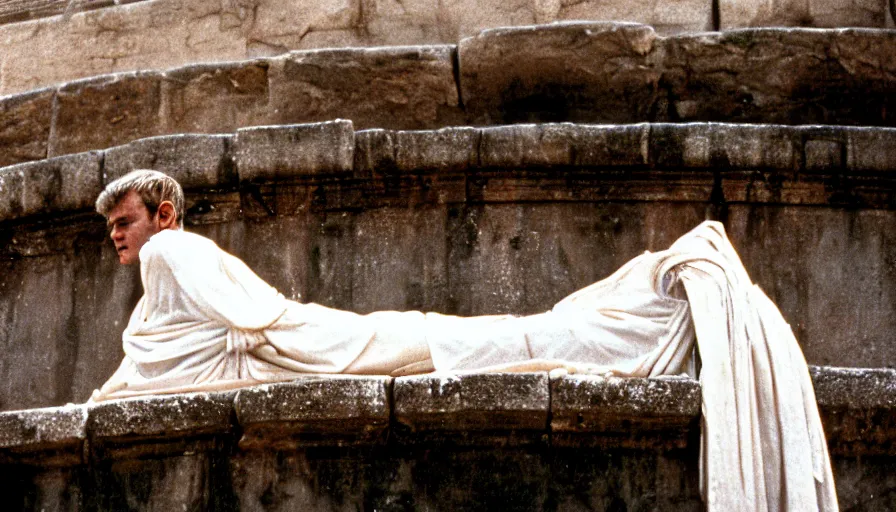 Prompt: 1 9 6 0 s movie still close - up of caligula in a white toga stabbed to death bleeding heavy blood on ancient amphitheater's stairs, cinestill 8 0 0 t 3 5 mm, high quality, heavy grain, high detail, dramatic light, anamorphic, blood