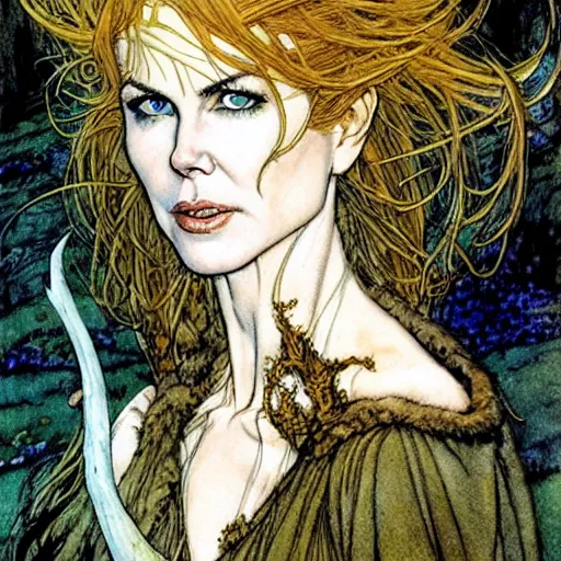 Image similar to a realistic, very beautiful and atmospheric portrait of a young and lithe nicole kidman as a druidic warrior wizard looking at the camera with an intelligent but seductive gaze by rebecca guay, michael kaluta, charles vess and jean moebius giraud