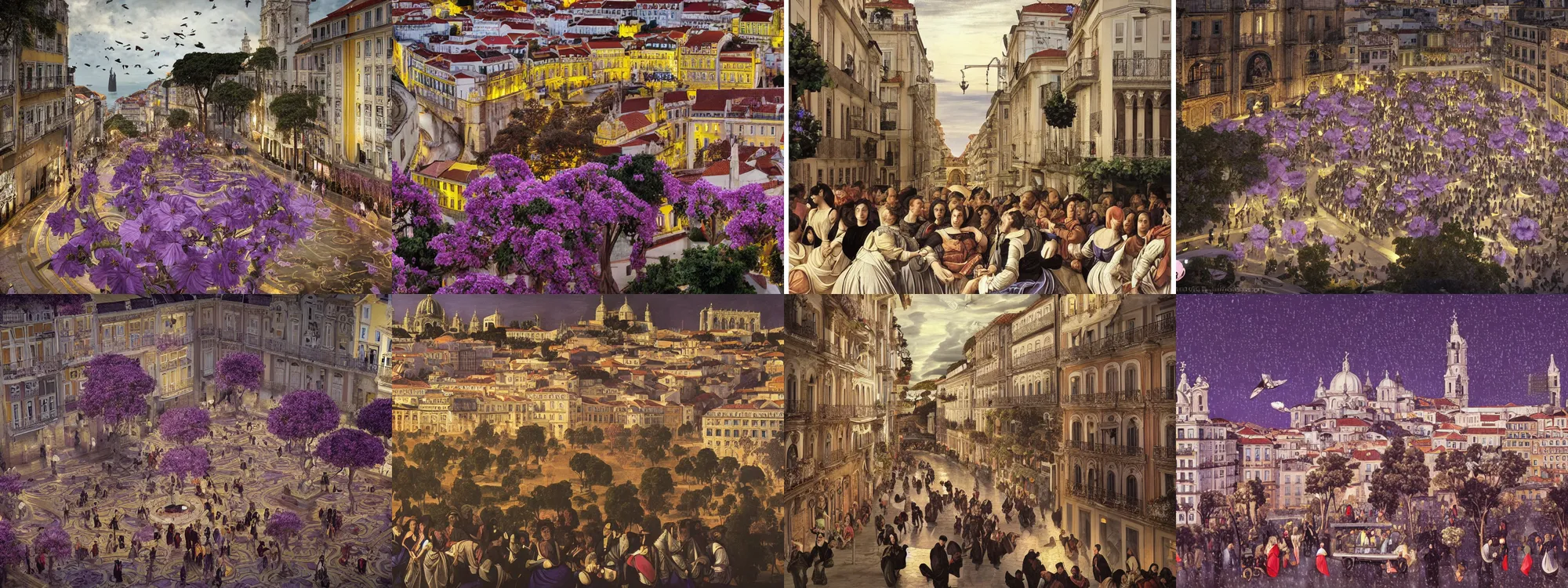 Prompt: The City of Lisbon with rain at night with dancing and music and purple flowers, people in french outfits, dressed in a elegant dresses, birds flying, cars, people, books, flowers. baroque elements, human talking. full-length view. baroque element. intricate artwork by caravaggio. many many people on background. Trending on artstation. halo. octane render, cinematic, hyper realism, octane render, 8k, depth of field, bokeh. iridescent accents. vibrant. teal and gold and red colour scheme, a very highly detailed logital matte painting art by Greg Rutkowski