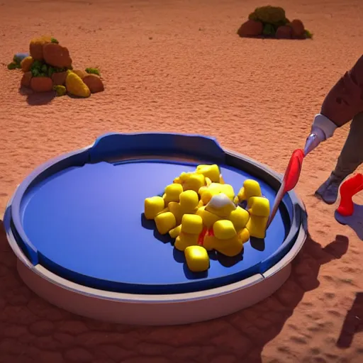 Prompt: promotional movie still the biggest frying pan in the world is in a desert. in the pan are life - size gummi bears that are melting. it's very sunny and very hot. the gummi bears are sweating. 3 d, digital art, octane 3 d render, ue 5, cinematic, imax 7 0 mm, product lighting, dramatic lighting. concept art.