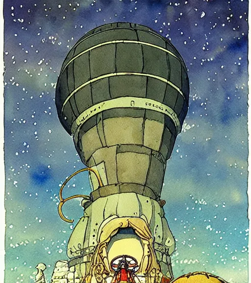 Image similar to hyperrealist studio ghibli watercolor fantasy concept art of an immense ufo from howl's moving castle sitting on stonehenge like a stool. it is a misty starry night. by rebecca guay, michael kaluta, charles vess