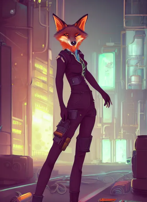 Image similar to stylized commission of a beautiful portrait of a female anthro fox fursona wearing mechanic clothes in a industrial cyberpunk city. character design by Kinoshita Jiroh, Hyaku. Detailed, soft lighting, rendered in octane