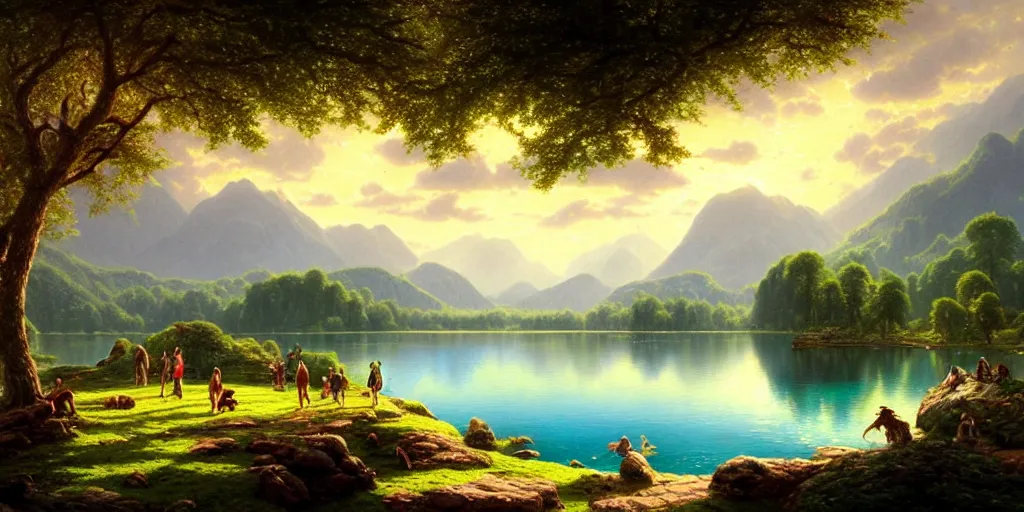 Prompt: A landscape with a lake surrounded by lush colorful vegetation, next to the lake are some mammals!!, in the background is a mountain range, in the foreground a family of travelling cavemen, volumetric lighting, ray lighting from top of frame, crepuscular ray lighting from above, dynamic lighting, muted colors, by Greg rutkowski, thomas kinkade, Andreas rocha, john howe, pixar, f16, hd, 4k