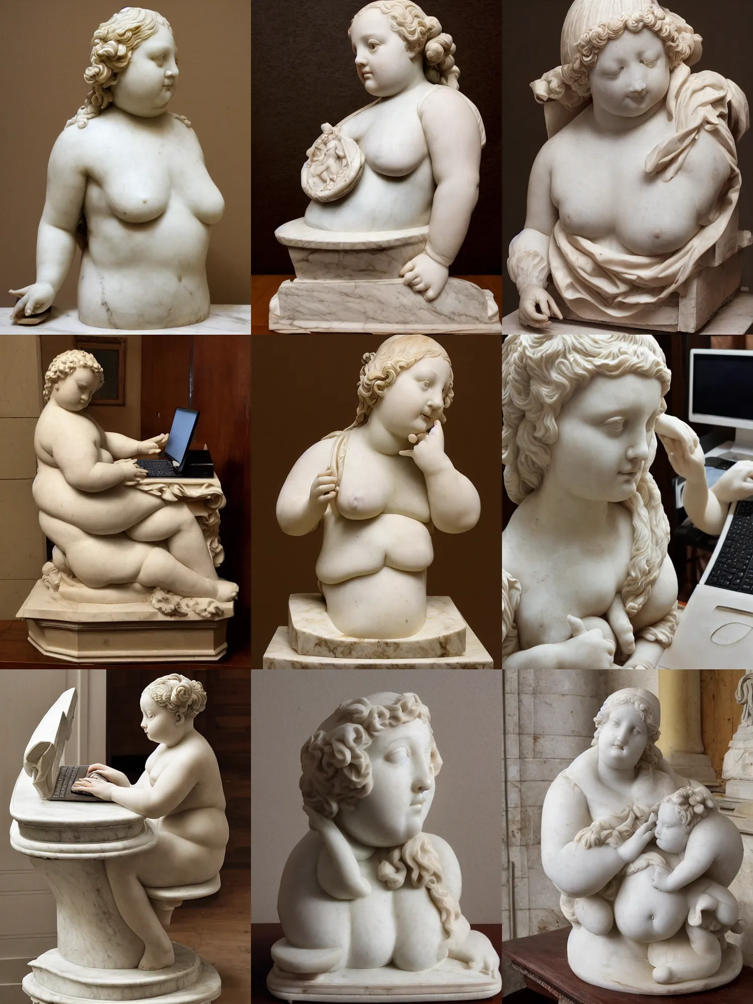 Prompt: a renaissance marble sculpture of one clothed chubby girl typing in front of a desktop pc