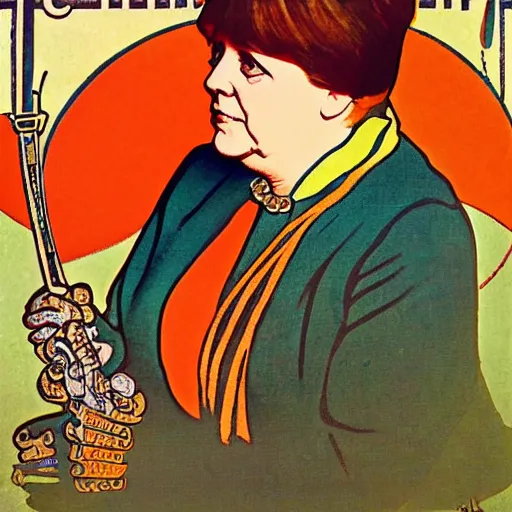 Prompt: an intricate portrait of Angela Merkel in the style of Alfons Mucha poster art ca. 1900