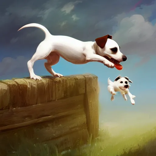 Image similar to adorable jack russel terrier jumping over a white picket fence, fantasy art, artstation character design contest winner, trending on cgsociety, concept art, speedpaint, beautiful digital art, jesper ejsing, james jean, justin gerard, fenghua zhong, makoto shinkai, highly detailed