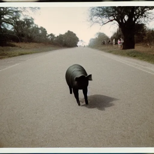 Image similar to a pig running a maraton, polaroid photograph