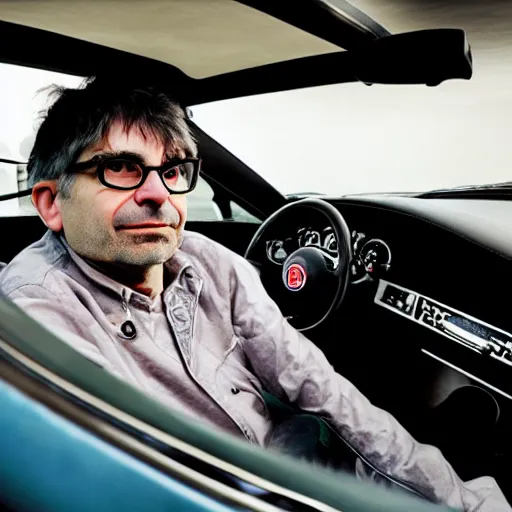 Image similar to steve albini in a bugatti, portrait, by martin parr