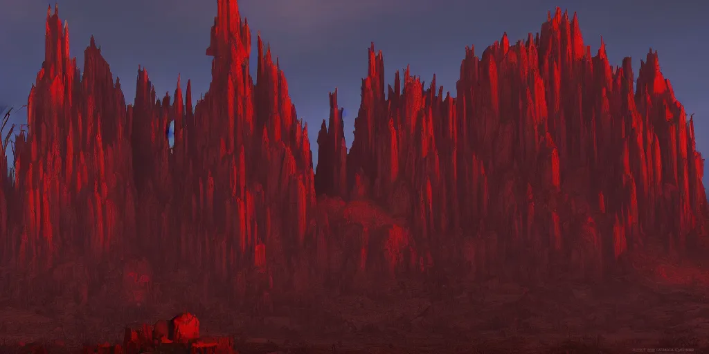 Image similar to dramatic render of a cathedral, gothic architecture, tall spires, top of a red rock canyon, vultures, 24mm angle, concept art by studio ghibli and eddie mendoza, atmospheric, moody, dark, cinematic, volumetric lighting, 8K