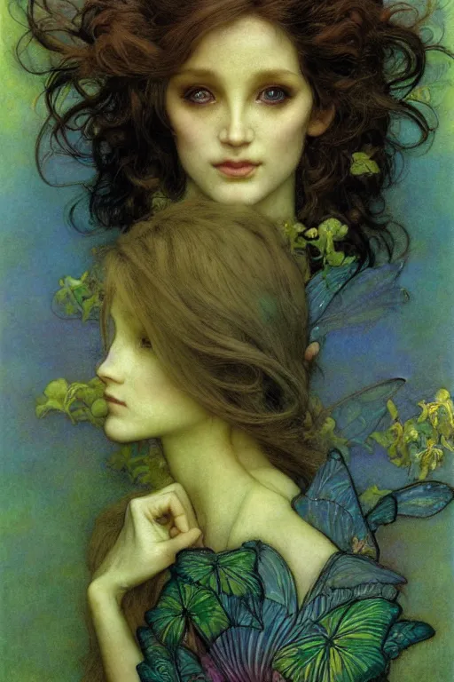 Image similar to headshot portrait of a beautiful faerie, golden ratio, detailed, rainbowshift, by maxfield parrish, john william waterhouse, brian froud