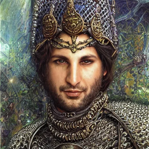 Prompt: portrait, bachir gemayel wearing chain mail, high fantasy, intricate, elegant and proud, highly detailed, very realistic centered, smooth, sharp focus, detailed face, art by donato giancola and brian froud