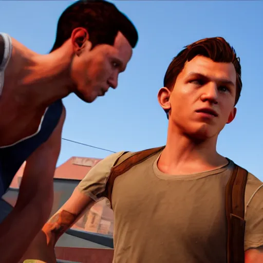 Image similar to in-game screenshot of of Tom Holland in GTA V, 3d render, Unreal Engine, octane render, ray tracing, Unity, highly detailed, high quality, HD, 4k, 8k, realistic, sharp, trending