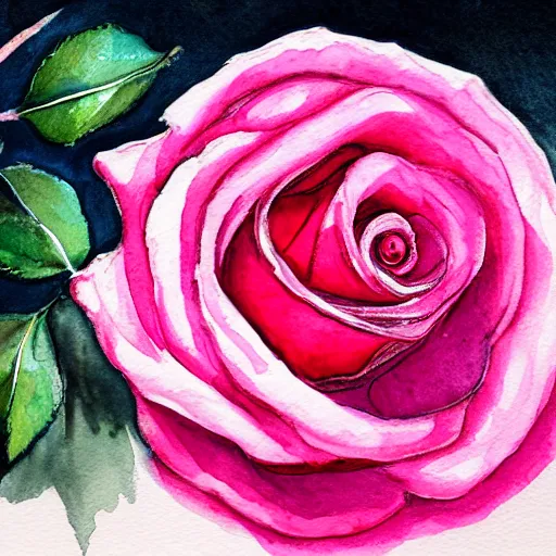 Prompt: close view of a pink rose, very bright lighting, watercolor, water paint