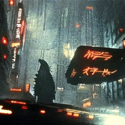 Image similar to a film still of godzilla in blade runner