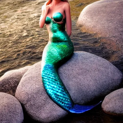 Prompt: fantasy mermaid on a rock with a wave behind her, beautiful, full body, realistic, face