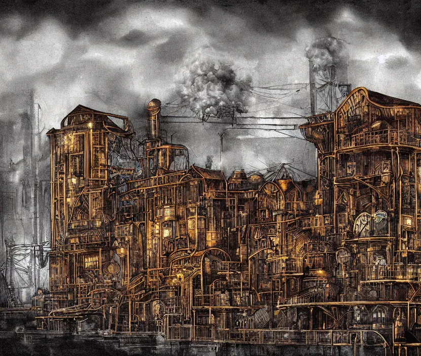 Image similar to A golden maroon steampunk factory on a harbor close to the ocean with cloudy skies in the fall months of october with steam shooting into the sky and polluting the sky, very nostalgic, very melancholic, dramatic angle, rotoscoped, rotoscope, photoshop, photomanipulation, realism, painting, illustration and sketch, weird scribbles, hybrid styles, hybrid art styles, mismatched, trending on artstation, trending on deviantart, weird, quirky, interesting, very detailed, highly detailed, HD Quality, 4k resolution, 8k resolution, in the style of David Firth, in the style of James Lee, in the style of Drue Langlois,