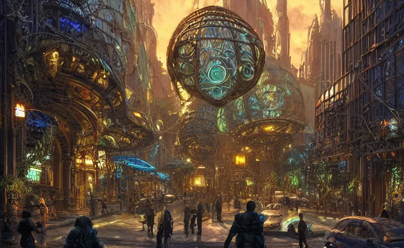 Prompt: a biopunk streetcorner environment, large crowd, filigree, convoluted, elaborate, glass domes, glass panes, glowing lights, dramatic lighting, photorealism, unreal engine, art by michael whelan and chris moore and howard david johnson and tim white and dan giancola