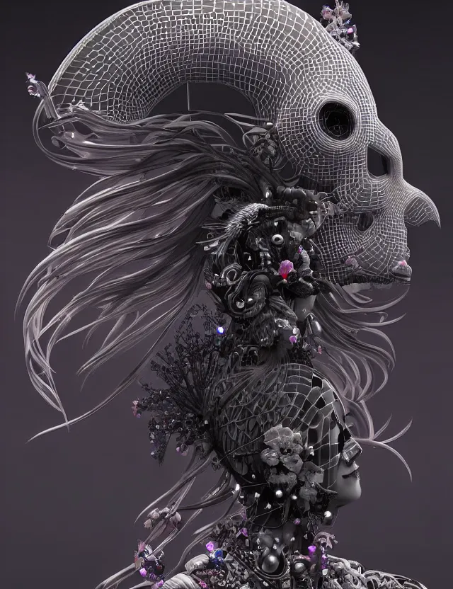 Image similar to 3 d goddess close - up profile simple portrait cybernetic with skull. beautiful intricately detailed japanese crow kitsune mask and clasical japanese kimono. betta fish, jellyfish phoenix, bio luminescent, plasma, ice, water, wind, creature, artwork by tooth wu and wlop and beeple and greg rutkowski