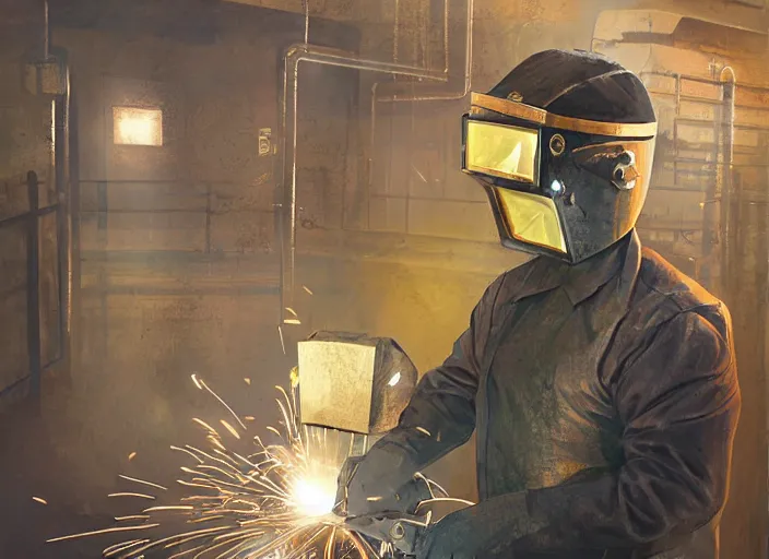 Prompt: welder with welding masks in subway, in the style of craig mullins