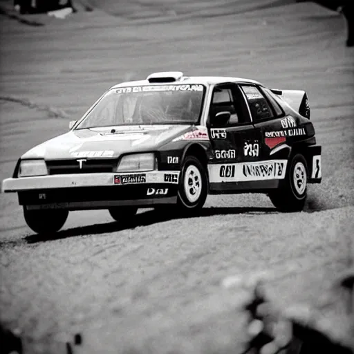 Prompt: “1983 group B rally Tesla model S jumping the Fafe jump in Portugal in the middle of a crowd VHS”