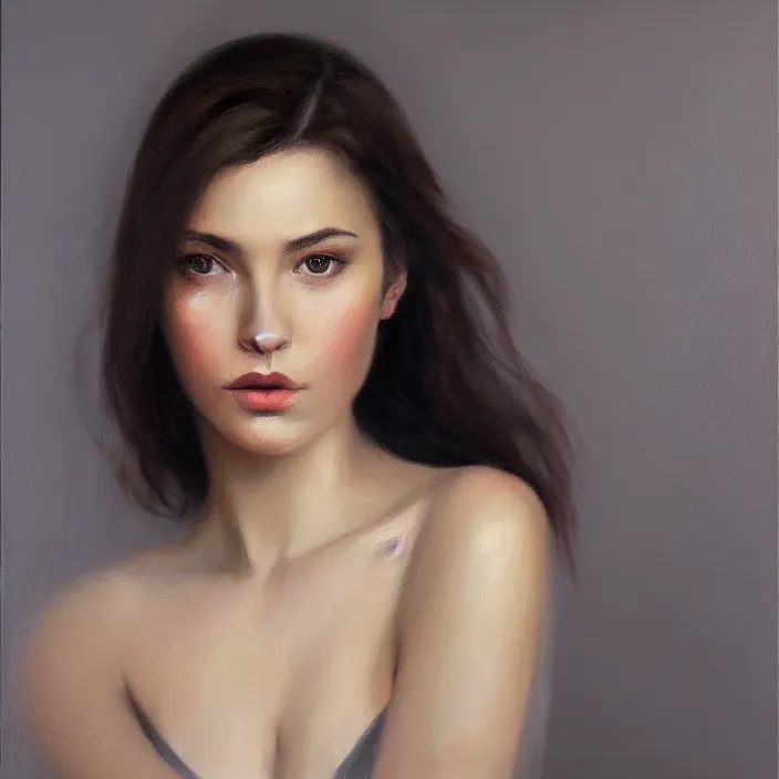 Prompt: alla prima portrait oil painting of young woman with dark hair and no makeup, dark beige grey background, lights and shadows, beautiful composition, hyperrealistic