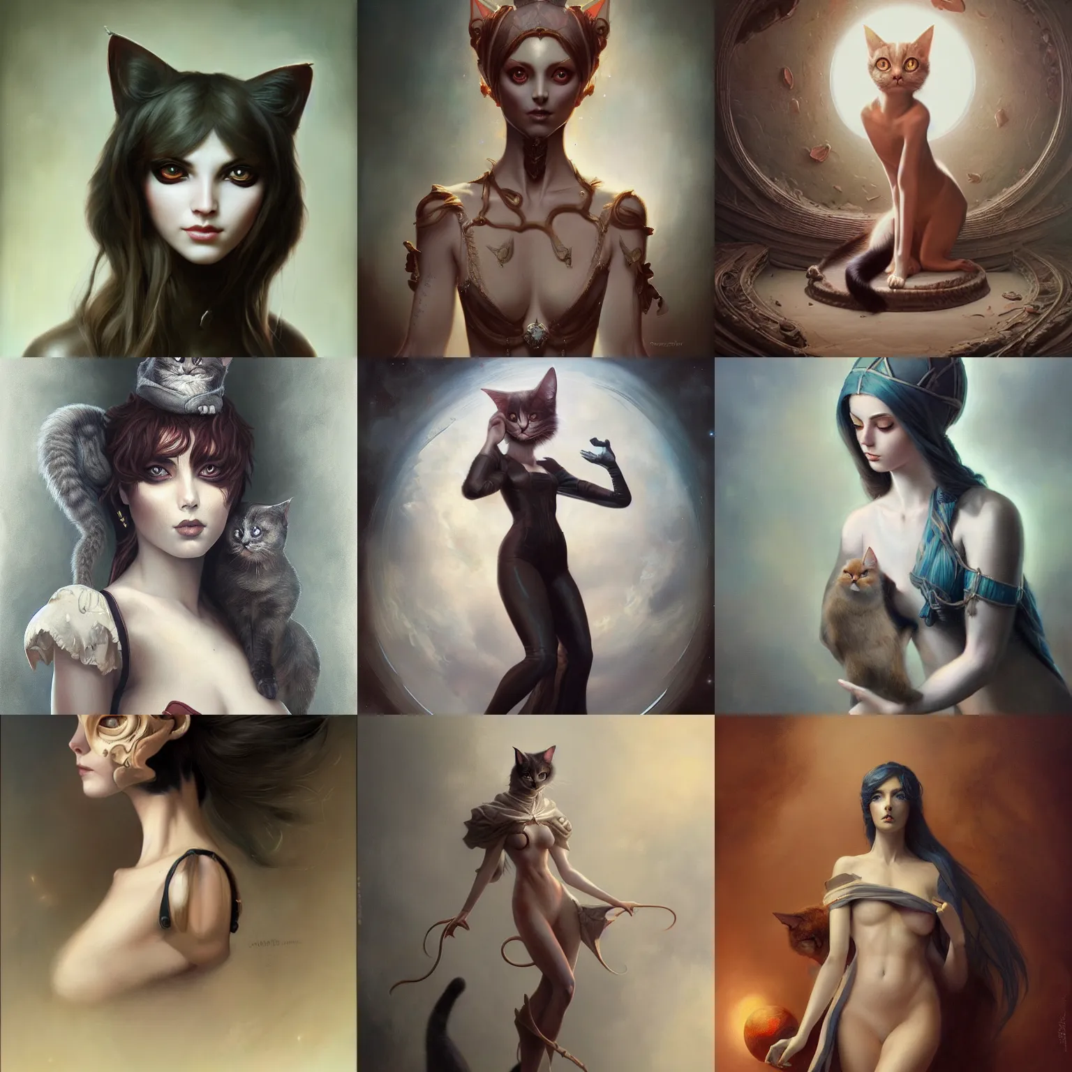 Prompt: a painting of a beautiful humanoid female cat, an ultrafine detailed painting, mark brooks, tom bagshaw, greg rutkowski, centered full body, featured on deviantart, fantasy art, detailed painting, anime
