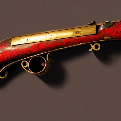 Image similar to an antique double - barreled shotgun made from glossy red - painted wood and elements of gold metalwork