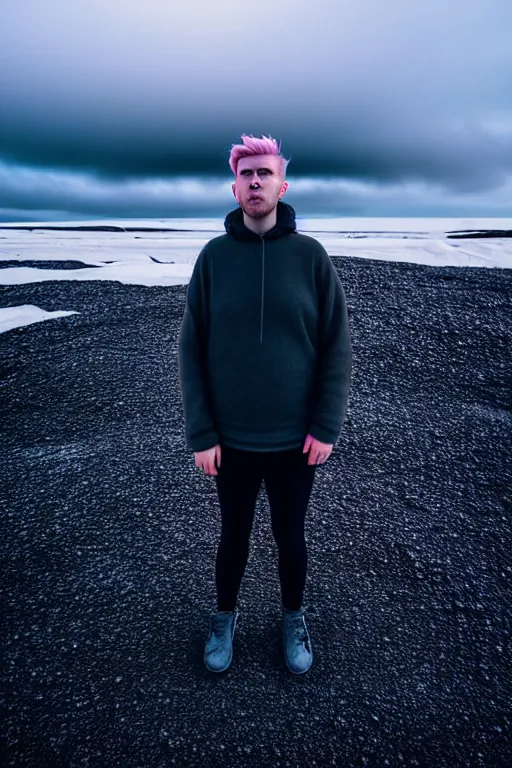 Prompt: high quality pastel coloured film wide angle selfie photograph of a plain looking cute looking male with cyber enhancement standing in an icelandic black rock environment. sarcastic expression. three point light. photographic. art directed. pastel colours. volumetric light. stark. waves. 8 k. filmic.