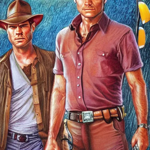 Image similar to dexter Morgan, Indiana jones, and artist formerly known as prince go to the beach, portrait, highly detailed, colored pencil