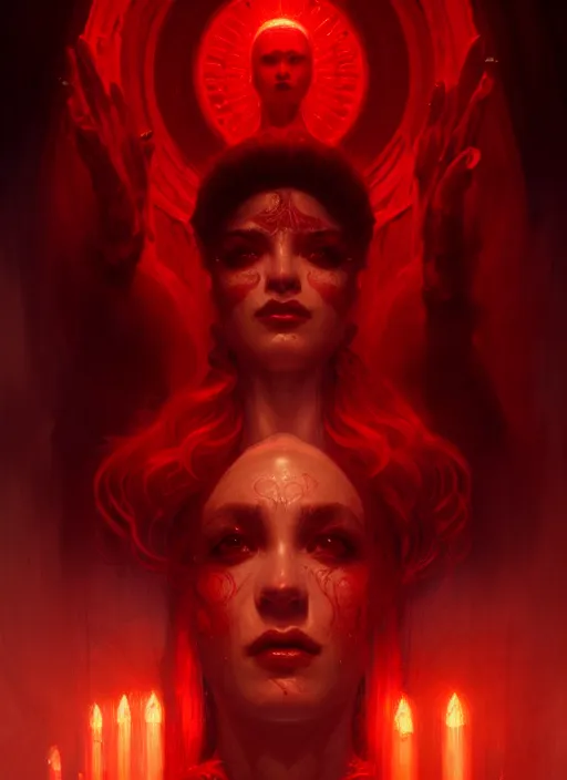 Prompt: portrait of the god of blood and her cultists, intricate, elegant, glowing lights, highly detailed, digital painting, artstation, concept art, smooth, sharp focus, illustration, art by wlop, mars ravelo and greg rutkowski