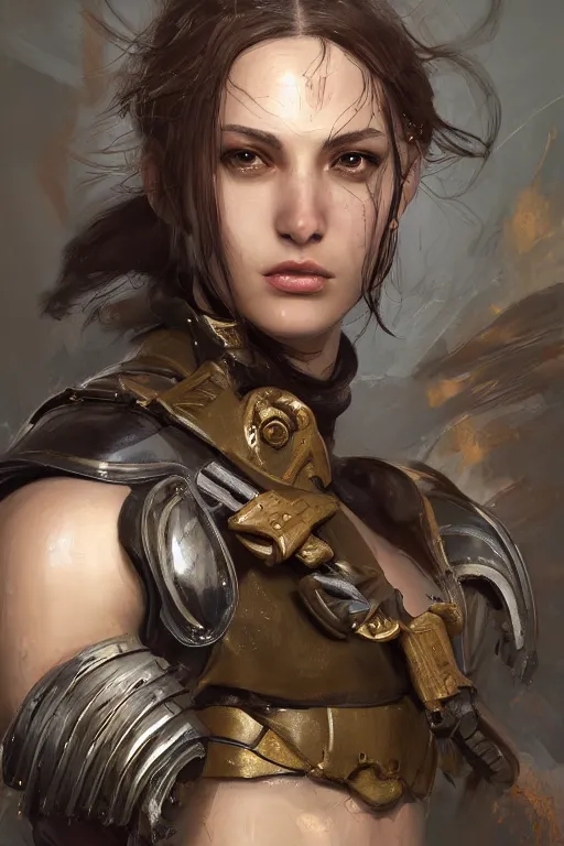 Image similar to a photorealistic painting of an attractive young female, partially clothed in battle armor, olive skin, long dark hair, beautiful bone structure, symmetrical facial features, intricate, elegant, digital painting, concept art, illustration, sharp focus, from Metal Gear, in the style of Ruan Jia and Mandy Jurgens and GregRutkowski and William-Adolphe Bouguerea