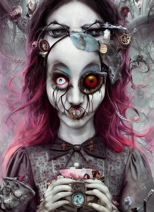 Prompt: alice in wonderland, angry, eerie, scary, cheeky, steampunk googles, highly detailed, cinematic, 8 k, by megan duncanson, benjamin lacombe, adrian borda, stanley artgermm, tom bagshaw, craig mullins, carne griffiths, ayami kojima, beksinski, giger, trending on deviantart, hyper detailed, horror, full of colour