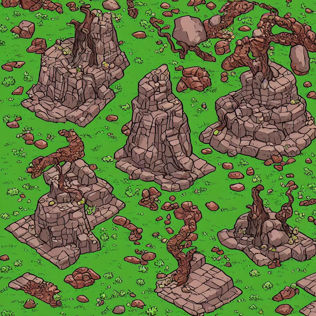 Image similar to ground, tree, rock and wizard tower, on a game tileset, lineart