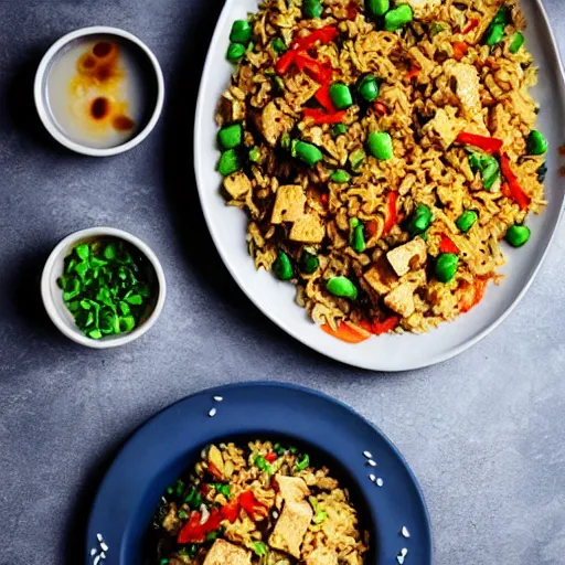 Image similar to a photograph of the new tofu fried rice, chinese dish from my local chinese restaurant, cooked to perfection, chefs table, netflix, gourmet, three michelin star, food photography