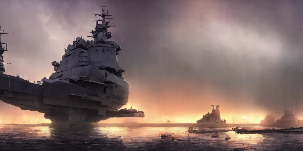 Image similar to render of huge futuristic warship boat, by Ian McQue, Rutkowski, lee madgwick and hubert robert, concrete building by le corbusier on the background, puddles of water, trees and bushes, blade runner style, neon glow, vivid color, moody lighting, unreal engine, bright sunrise, epic skies, foggy