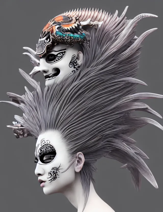 Image similar to 3 d goddess close - up profile simple portrait punk with mohawk with goat skull. beautiful intricately detailed japanese crow kitsune mask and clasical japanese kimono. betta fish, jellyfish phoenix, bio luminescent, plasma, ice, water, wind, creature, artwork by tooth wu and wlop and beeple and greg rutkowski