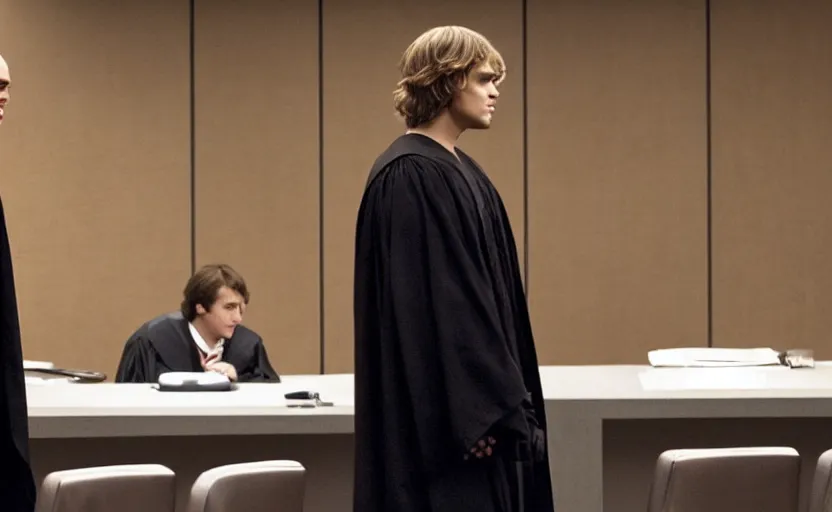 Image similar to anakin skywalker played by hayden christensen in jedi robes talking to a lawyer saul goodman suit in court, us court, better call saul scene 1 0 8 0 p, court session images, realistic faces