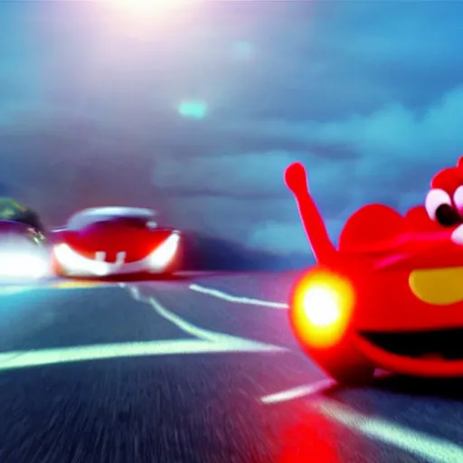 Image similar to Elmo driving a sports car, cinematic, cinematic lighting, HD, movie experience