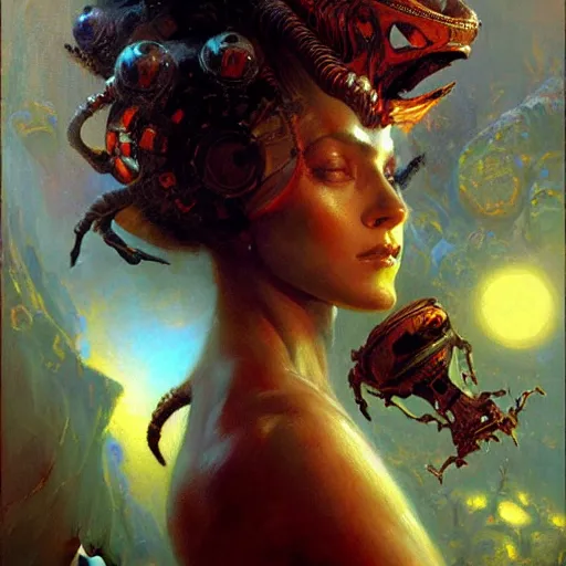 Prompt: attractive alien queen, painting by gaston bussiere, craig mullins