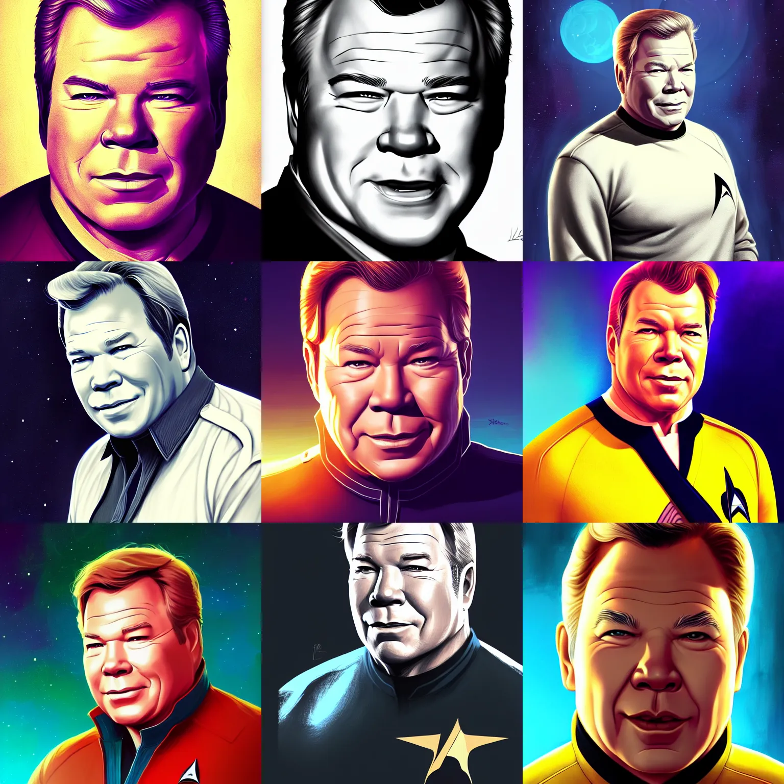 Prompt: a portrait of a handsome william shatner as captain kirk, art by lois van baarle and loish and ross tran and rossdraws and sam yang and samdoesarts and artgerm and saruei, digital art, highly detailed, intricate, sharp focus, trending on artstation hq, deviantart, unreal engine 5, 4 k uhd image